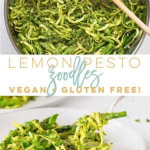 Lemon Pesto Zoodles -- Zucchini noodles paired with fresh asparagus and a delicious lemon pesto sauce. This dish is naturally vegan, gluten-free, and low carb! Best of all, it's made with simple ingredients and can be thrown together in less than 30 minutes. It's the perfect light dinner for Summer! #zoodles #zucchininoodles #vegan #lowcarb #glutenfree #lemonpesto #pestorecipe | Mindful Avocado