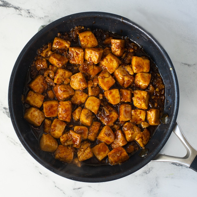 tofu with Korean sauce in pan