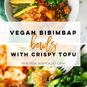 Vegan Bibimbap bowl with tofu is the BEST bowl meal! Perfect combination of protein, veggies, and healthy carbs. This recipe is perfect for weeknight meals or meal prepping! #vegandinner #veganlunch #healthy #cleaneating #asianfood #vegetarian #bibimbap | Mindful Avocado