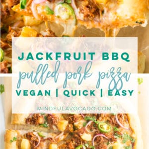 Vegan pizza recipe featuring BBQ jackfruit! This jackfruit pizza is so easy to make the the BEST weeknight meal! #vegetarian #pizza #comfortfood #jackfruitpulledpork #jackfruit #veganpizza #vegan | mindfulavocado