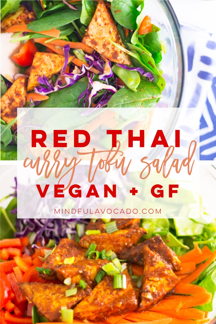 Red thai curry tofu salad has all the best ingredients for a healthy vegan lunch. Perfect for meal prepping to have a delicious plant based meal for every day of the week. #cleaneating #healthy #vegan #vegetarian #salad #thaifood | mindfulavocado