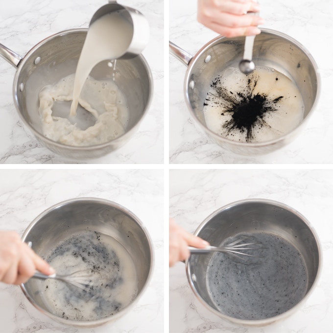 four step process of how to make activated charcoal latte