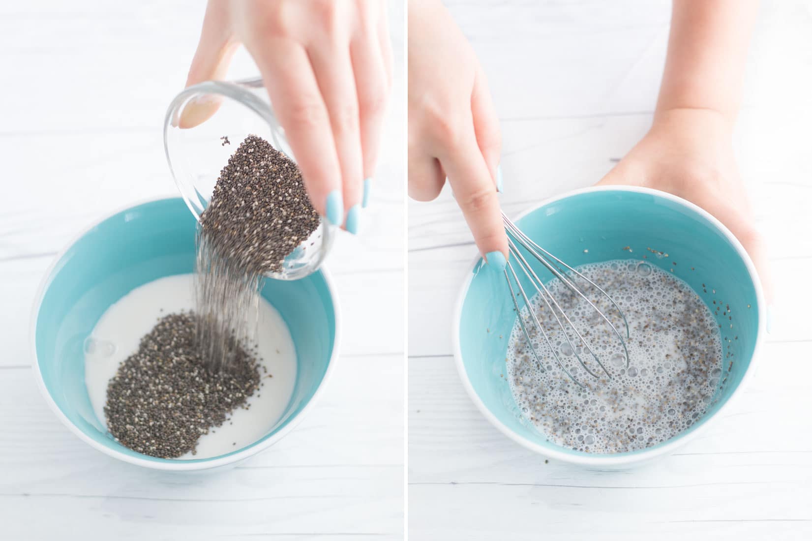 hand pouring chia seeds into blue bowl filled with almond milk. Hands mixing almond milk and chia seeds.
