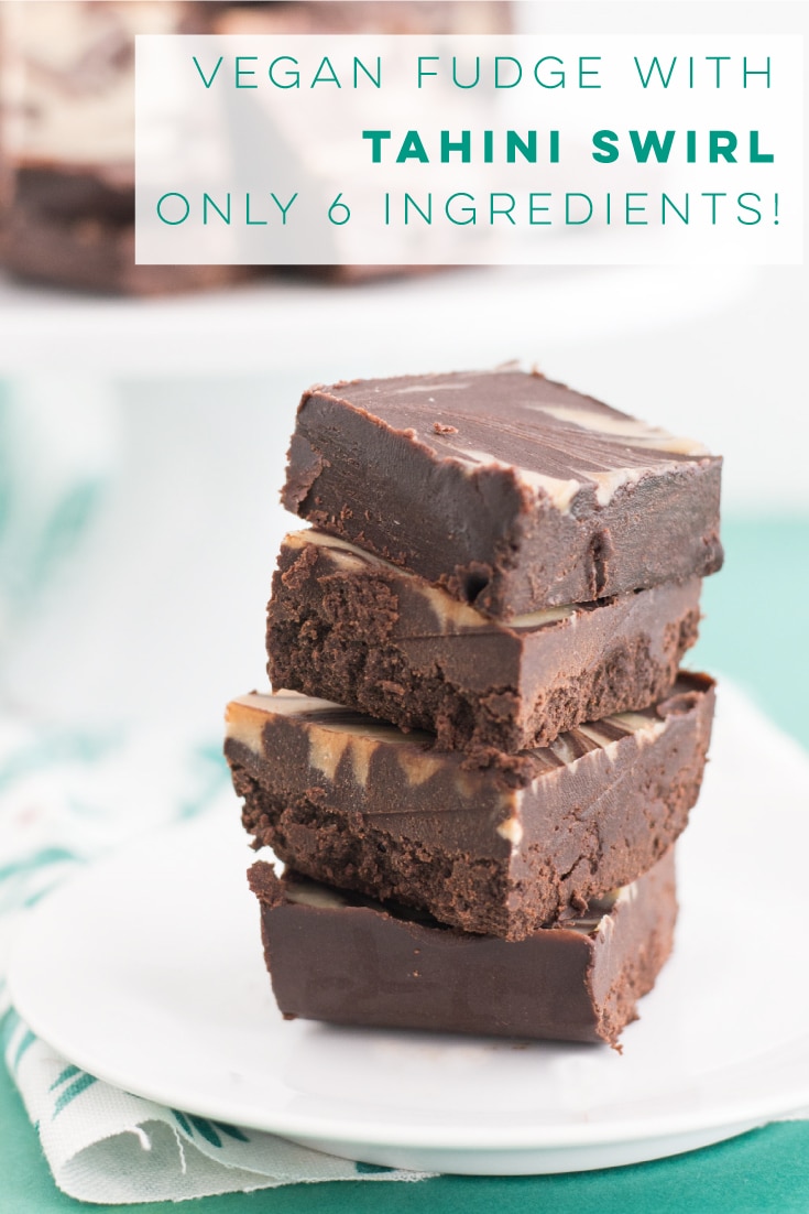 Vegan Fudge (6 Ingredients!) -- Easy and healthy fudge recipe that only uses REAL ingredients! Topped with a tahini swirl, this stunning fudge is a must make for Christmas! #veganfudge #healthyfudge #tahini #healthydessert #easyfudge | Mindful Avocado