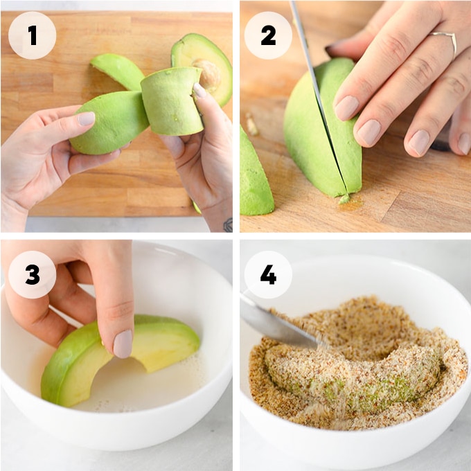 diagram of how to make avocado fries: hands peeling and cutting avocados, hands dipping avocado into almond milk and hands breading avocado fries