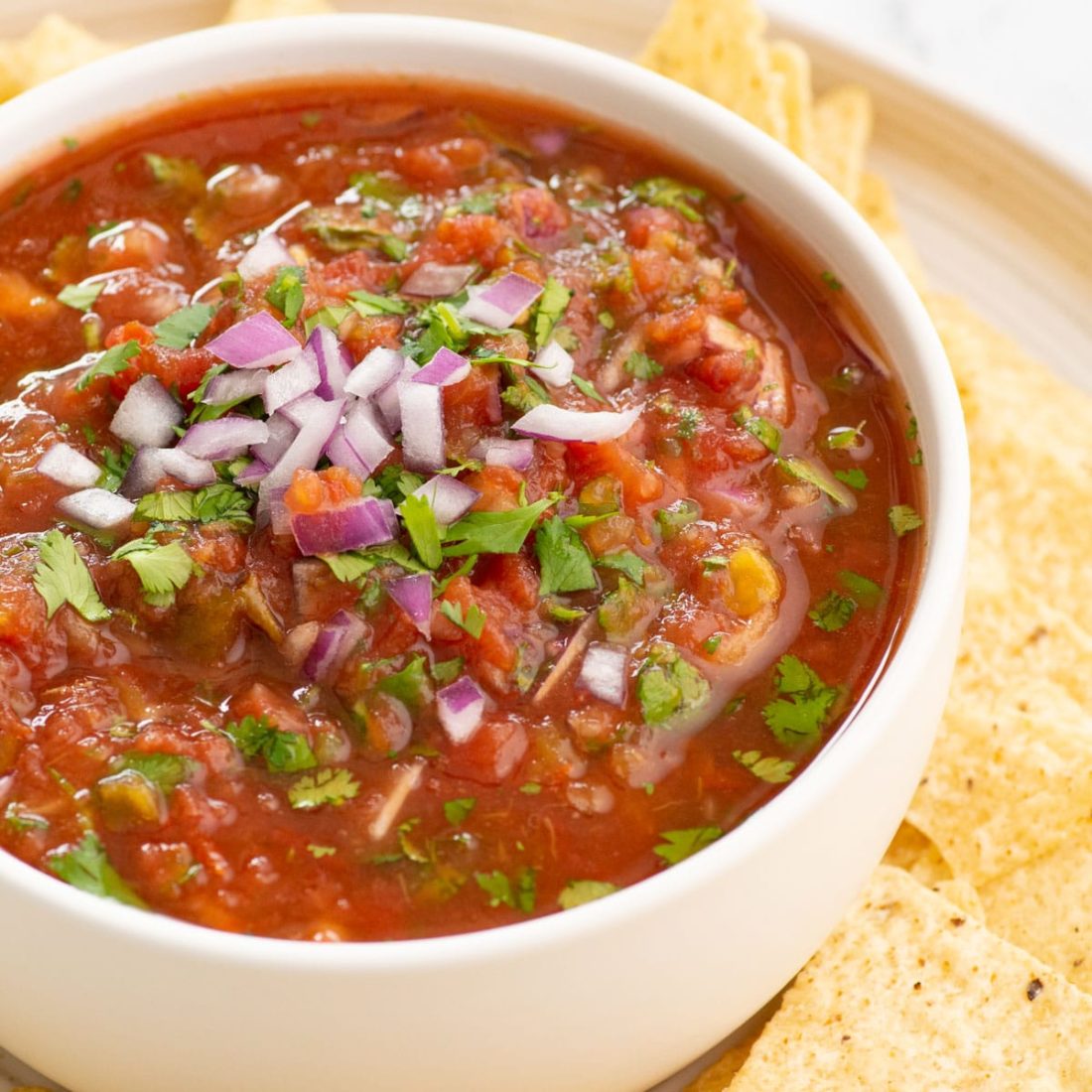 closeup of bowl of homemade salsa
