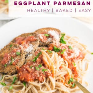 Vegan Eggplant Parmesan -- This eggplant parmesan recipe is as easy as they get! Only 5 ingredients are required to make this egg and dairy-free baked eggplant. This healthy recipe is perfect for an easy dinner! #healthy #cleaneating #vegandinner #vegetarian #italianfood - mindfulavocado