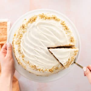 overhead view of a carrot cake on cake stand