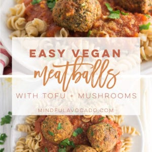This quick and easy tofu and mushroom meatball recipe is the BEST! Tofu makes a perfect protein-packed vegan filling for these meatballs. Pan fry or bake to give you a dinner recipe you'll love! #vegan #vegetariann #cleaneating #healthy #plantbased #pasta | mindfulavocado