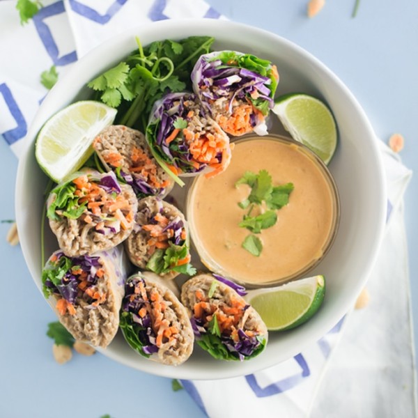 peanut noodle vegetable spring rolls in bowl with peanut sauce, lime wedges, and cilantro on light blue background