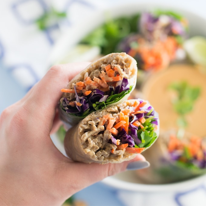 hands holding vegetable spring roll over bowl of spring rolls with peanut sauce