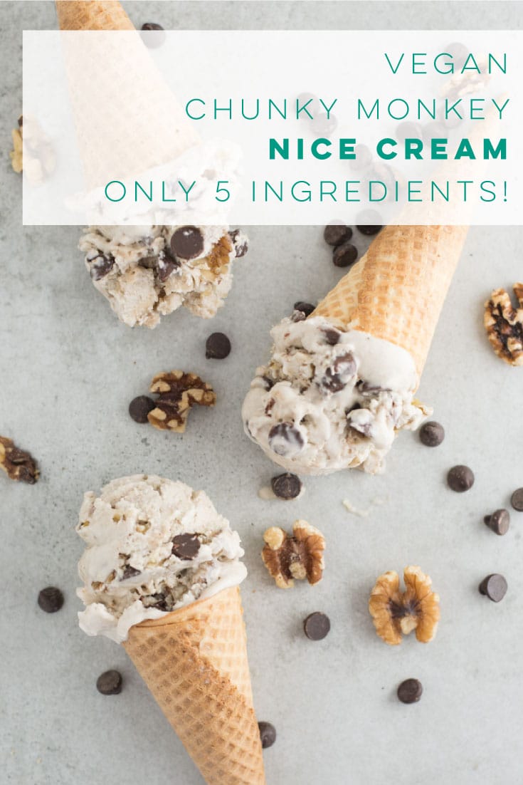 This vegan ice cream uses frozen bananas as a creamy base and is loaded with chocolate chips and walnuts. This is the BEST dairy-free ice cream recipe! #nicecream #vegandessert #vegan #icecream #chocolate #summer | mindfulavocado