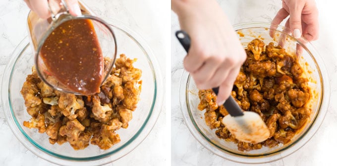 mixing sauce with baked cauliflower in mixing bowl