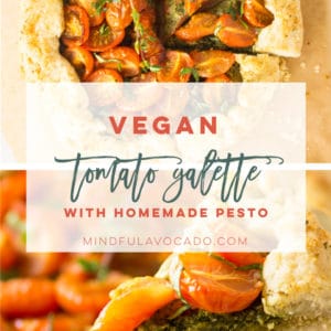 Tomato galette with a vegan crust is the BEST for Summer. Paired with a homemade pesto, this savory galette easy to make and a must try! #vegan #vegetarian #heirloomtomatoes #pesto #summer #vegandinner #healthy | mindfulavocado