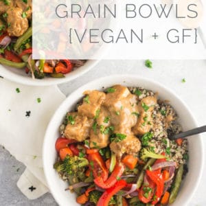 Peanut Tofu Grain Bowls -- Crisp tofu, fluffy quinoa, and roasted vegetables topped with a delectable peanut sauce. This healthy grain bowl is vegan, gluten-free and the best for lunches on the go or weeknight meals! #vegan #healthy #cleaneating #glutenfree #tofu #buddhabowls | Mindful Avocado