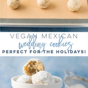 Vegan Mexican Wedding Cookies -- Also known as Russian Tea Cakes or Snowballs, this traditional cookie has gone vegan! Cookie full of a buttery, nutty flavor rolled up in powdered sugar. Perfect for cookie swaps or any holiday occasion, these classic cookies are the best! #christmascookies #vegan #baking #holiday #cookies