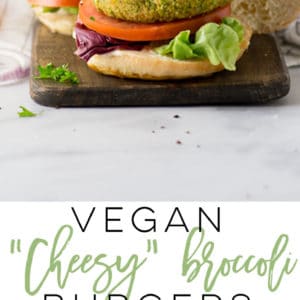 "Cheese" Broccoli Vegan Burgers -- These vegan burgers are loaded with flavor and nutritious ingredients. Better yet, the ingredient list is short and they can be put together just shy of 30 minutes. #vegan #glutenfree #veggieburgers #dinner #healthy | Mindful Avocado