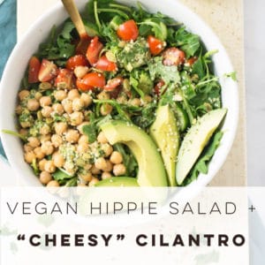 Vegan Hippie Salad with "Cheesy" Cilantro Dressing -- This wholesome and healthy salad is perfect for lunches on the go. Healthy and raw ingredients plus an easy homemade dressing recipe, you can't go wrong with this salad idea! #salad #healthy #vegan #raw #vegetarian #lunch #dinner #detox #cleaneating | Mindful Avocado