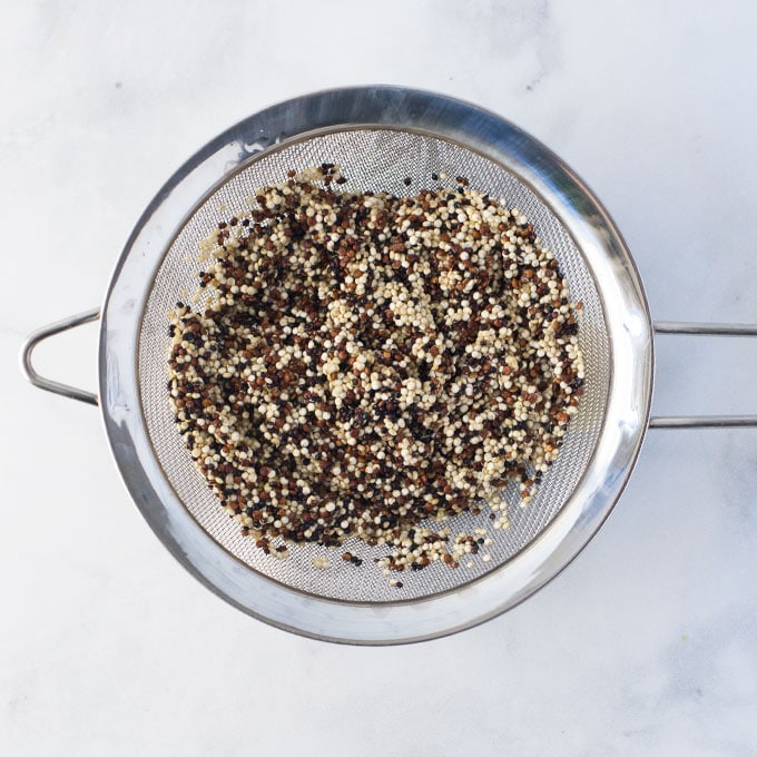rinsed quinoa in mesh strainer on white background