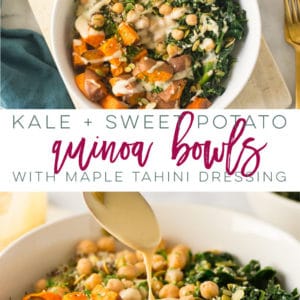 Kale and Sweet Potato Quinoa Bowls with Maple Tahini Dressing -- Fluffy quinoa, crispy sweet potatoes, garlic kale, chickpeas all drizzled in an AMAZING maple tahini dressing. This quinoa bowl recipe is perfect for lunch or dinner. Make meal prep super easy with this vegan, gluten free, healthy meal! #vegan #glutenfree #vegetarian #quinoabowls #lunch #dinner #kalesweetpotatobowl #quinoabowlrecipe | Mindful Avocado