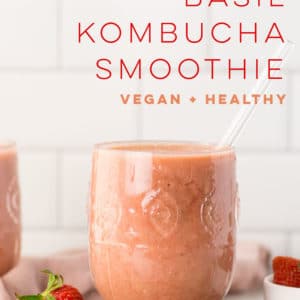 Strawberry Basil Kombucha Smoothie - This healthy smoothie recipe is perfect for a quick and easy breakfast. Fresh strawberries, basil, bananas, kombucha, and lemon juice come together to make this delicious vegan drink! #smoothie #healthy #vegan #detox | Mindful Avocado