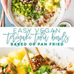 Vegan Teriyaki Tofu Bowls -- This easy recipe features crispy tofu covered in teriyaki sauce paired with fluffy white rice, pineapple, and edamame. Top with cilantro, green onions, chopped cashews, and sesame seeds for a wholesome bowl! With two methods to cook the tofu, this recipe is very adaptable! #crispytofu #teritakitofu #easyvegandinner #teriyakitofubowls | Mindful Avocado