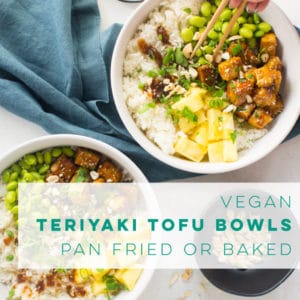 Vegan teriyaki tofu bowls are perfect for lunch or dinner! Crispy tofu covered in teriyaki sauce paired with rice, edamame, and pineapple. Easy recipe that's great for meal prepping! #crispytofu #teritakitofu #easyvegandinner #teriyakitofubowls | Mindful Avocado