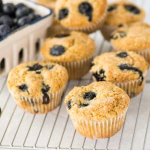vegan and gluten free blueberry muffins on cooling rack with fresh blueberries