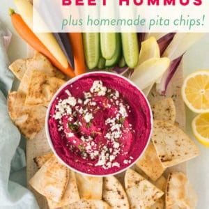 Beet hummus topped with fresh dill, lemon, and feta cheese is the BEST healthy and easy snack! Pair with homemade pita chips for an appetizer that's perfect for parties or get togethers. #beethummus #healthysnack #homemadehummus #vegansnack | Mindful Avocado
