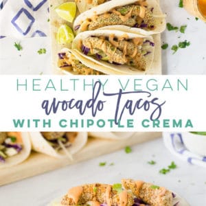 Vegan Avocado Tacos with Chipotle Crema -- Avocado wedges breaded and baked to perfection are the best filler for a vegan taco! Wrap in a tortilla with veggies or a lettuce wrap for a healthy dinner recipe #vegantacos #avocadotacos #healthytacos | Mindful Avocado