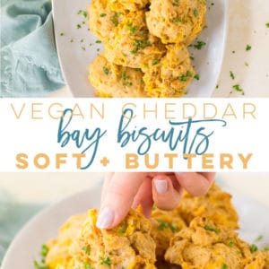 Vegan Cheddar Bay Biscuits -- This Red Lobster copycat recipe is the BEST! "Cheesy" savory biscuits from scratch that are soft and buttery. Pair with a salad, soup, or any meal for a delicious side. #veganbiscuits #dropbiscuits #cheddarbaybiscuits #veganside | Mindful Avocado