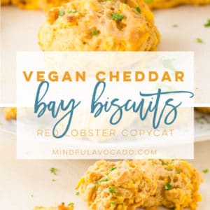 Vegan cheddar bay biscuits are a healthy version of the Red Lobster or Bisquick versions! Savory "cheddar" biscuits that are soft and buttery. So easy to make too! #veganbiscuits #dropbiscuits #cheddarbaybiscuits #veganside | Mindful Avocado