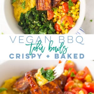 Vegan BBQ Summer Bowls with crispy baked BBQ tofu! So easy to make and the PERFECT wholesome dinner. This recipe is great for meal prepping too! Simply prepare all the ingredients and assemble bowls when ready to eat! #bbqtofu #bbq #vegan #healthy #summer #polenta | Mindful Avocado