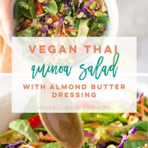 Thai quinoa salad with a homemade almond butter dressing. So easy to make and is perfect for meal prepping. #vegan #salad #thai #quinoa #healthy #veganlunch | Mindful Avocado