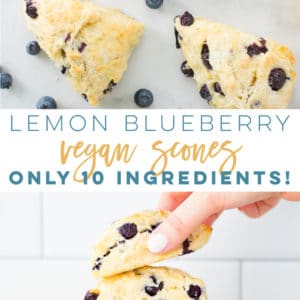 Vegan Lemon Blueberry Scones -- Easy to make and only require 10 ingredients! Pair with an easy lemon glaze to take this scone recipe to the next level! The best healthy baked good for breakfast and brunch. #scones #lemonblueberry #veganbrunch #veganbaking | Mindful Avocado