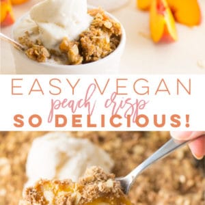 Vegan Peach Crisp -- So easy to make and healthy! Juicy ripe peaches baked with an oat pecan topping. It's truly the BEST Summer dessert recipe! #peachcrisp #peaches #vegandessert | Mindful Avocado
