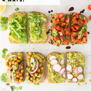 Avocado Toast Recipes -- All vegan and so easy to make, these avocado toast flavors are the BEST healthy breakfast or snack! Lemon arugula, tomato and balsamic, BBQ chickpeas, and super seedy avocado toast. #avocadotoast #veganavocadotoast #veganbreakfast #healthybreakfast | Mindful Avocado