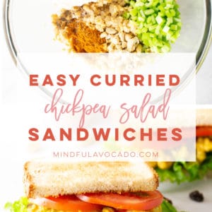 Easy and healthy curried chickpea salad sandwiches are the BEST vegan lunch option! Loaded with healthy ingredients, this recipe is perfect for a make ahead lunch. #veganlunch #vegansandwich #chickpeasandwich #chickpeasalad | Mindful Avocado