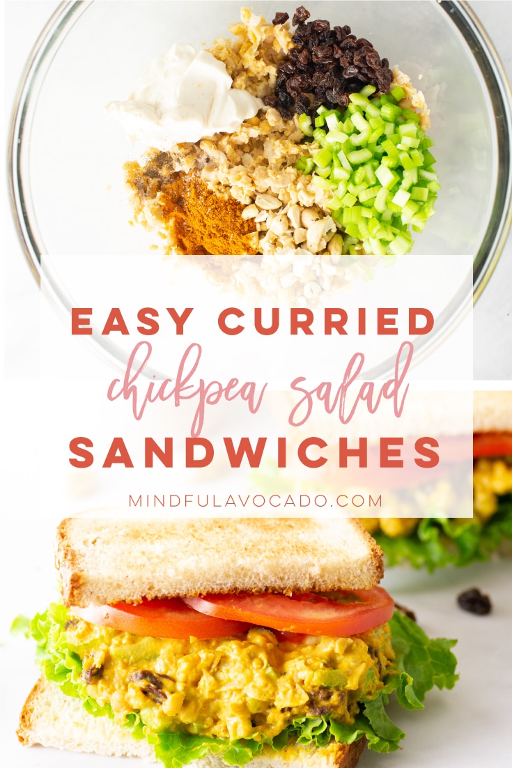 Easy and healthy curried chickpea salad sandwiches are the BEST vegan lunch option! Loaded with healthy ingredients, this recipe is perfect for a make ahead lunch. #veganlunch #vegansandwich #chickpeasandwich #chickpeasalad | Mindful Avocado