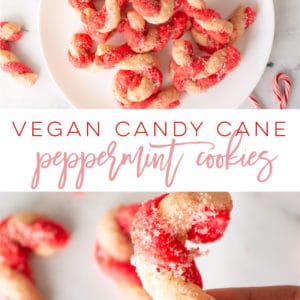 Vegan Candy Cane Cookies -- Soft peppermint-flavored dough twisted and turned in the shape of a candy cane! Topped with sugar and candy canes, these festive cookies are PERFECT for Christmas! Plus, they are VEGAN! #christmascookies #vegancookies #candycanecookies #veganbaking #veganholiday #veganchristmasdessert | Mindful Avocado