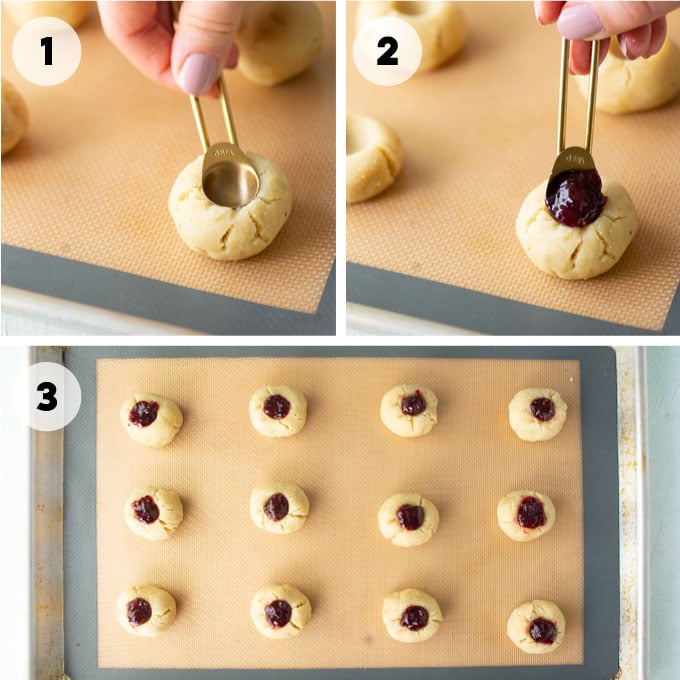 steps on making thumbprint cookies and filling with jam
