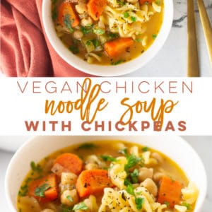 Vegan Chicken Noodle Soup -- This easy soup recipe has all the heartiness of classic chicken noodle soup - but plant-based! Featuring chickpeas and veggies, this soup recipe is delicious and filling. #vegansoup #veganchickennoodlesoup #chickpeanoodlesoup #vegandinner | Mindful Avocado