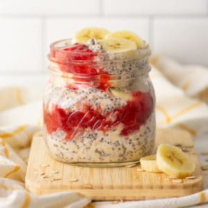overnight oats with strawberry compote and banana slices