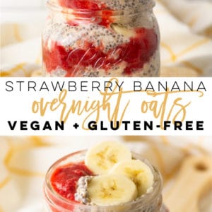 Strawberry Banana Overnight Oats -- This vegan and GF breakfast recipe is so EASY to make and tastes DELICIOUS! Only 5 ingredients required to make a breakfast that's perfect for on the go or meal prepping! #overnightoats #veganbreakfast #breakfastonthego #strawberrybanana #mealprep #healthy | Mindful Avocado