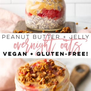 PB and J overnight oats -- This healthy and easy breakfast recipe is PERFECT for meal prep! Loaded with healthy ingredients, this breakfast in a jar is great for on the go breakfast! #overnight oats #veganbreakfast #glutenfreebeakfast #breakfastinajar #healthy #vegan | Mindful Avocado