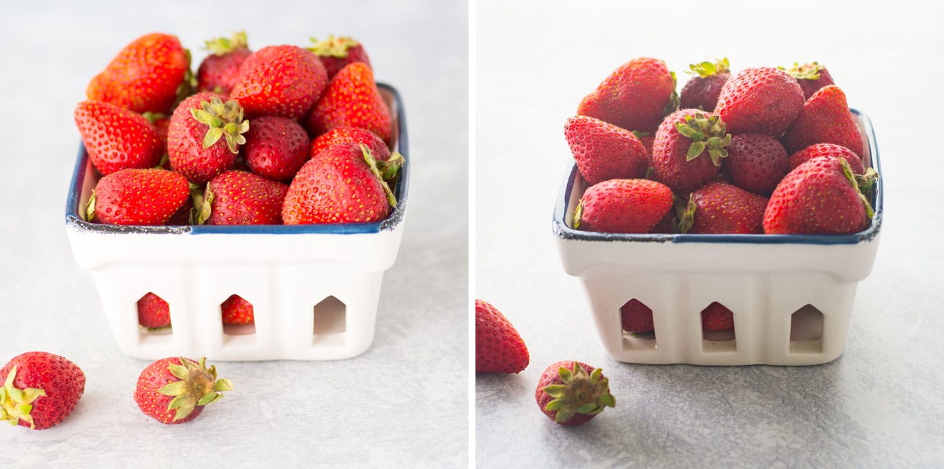 backlit lighting vs sidelit lighting in food photography. example is a basket of strawberries