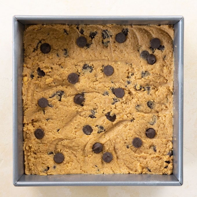 Chickpea blondies in baking pan before going in the oven.