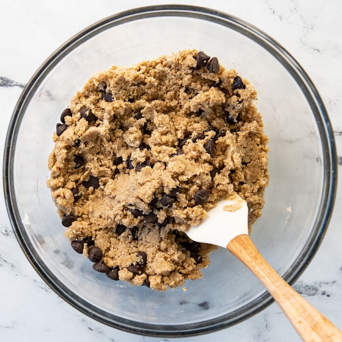 chocolate chip cookie dough in mixing bowl
