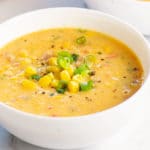 closeup of bowl of vegan corn chowder