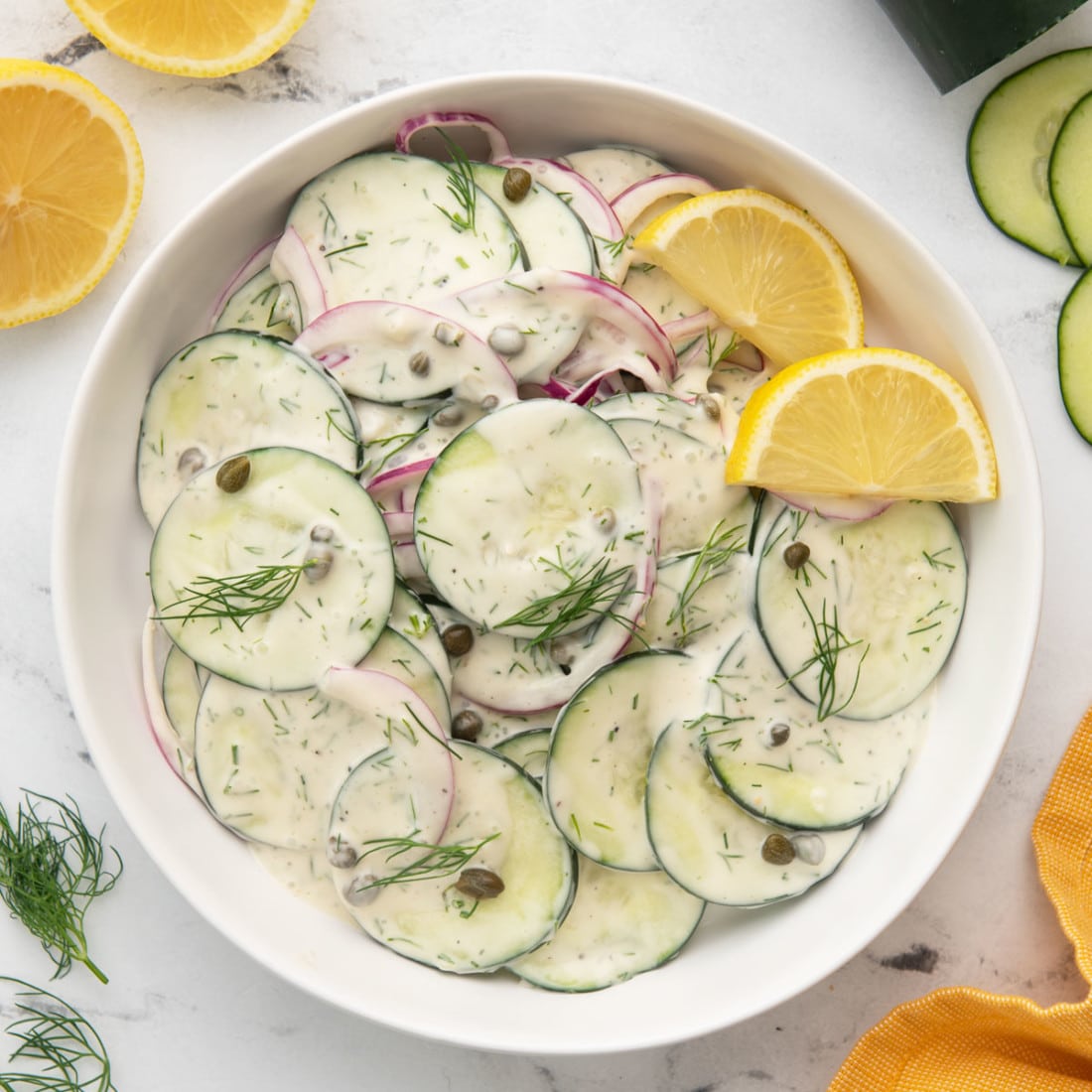 creamy vegan cucumber salad with lemons